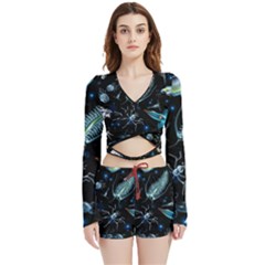 Colorful-abstract-pattern-consisting-glowing-lights-luminescent-images-marine-plankton-dark Velvet Wrap Crop Top And Shorts Set by uniart180623