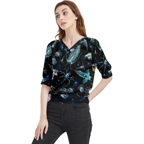 Colorful-abstract-pattern-consisting-glowing-lights-luminescent-images-marine-plankton-dark Quarter Sleeve Blouse by uniart180623