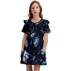 Colorful-abstract-pattern-consisting-glowing-lights-luminescent-images-marine-plankton-dark Kids  Frilly Sleeves Pocket Dress by uniart180623