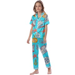 Colored-sketched-sea-elements-pattern-background-sea-life-animals-illustration Kids  Satin Short Sleeve Pajamas Set by uniart180623