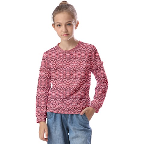 Pink-art-with-abstract-seamless-flaming-pattern Kids  Long Sleeve Tee With Frill  by uniart180623