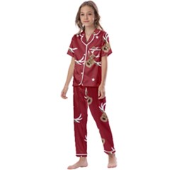 Cute-reindeer-head-with-star-red-background Kids  Satin Short Sleeve Pajamas Set by uniart180623