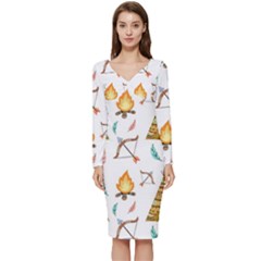 Cute-cartoon-native-american-seamless-pattern Long Sleeve V-neck Bodycon Dress  by uniart180623