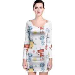 Cute-cartoon-robots-seamless-pattern Long Sleeve Bodycon Dress by uniart180623