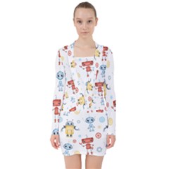 Cute-cartoon-robots-seamless-pattern V-neck Bodycon Long Sleeve Dress by uniart180623