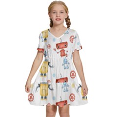 Cute-cartoon-robots-seamless-pattern Kids  Short Sleeve Tiered Mini Dress by uniart180623