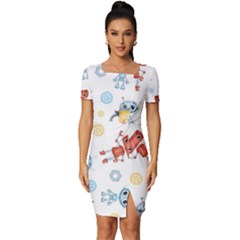 Cute-cartoon-robots-seamless-pattern Fitted Knot Split End Bodycon Dress by uniart180623