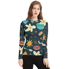 Seamless-pattern-with-breakfast-symbols-morning-coffee Women s Long Sleeve Rash Guard by uniart180623