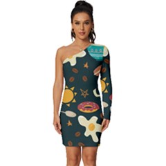 Seamless-pattern-with-breakfast-symbols-morning-coffee Long Sleeve One Shoulder Mini Dress by uniart180623