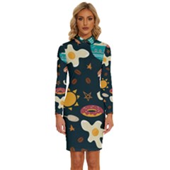 Seamless-pattern-with-breakfast-symbols-morning-coffee Long Sleeve Shirt Collar Bodycon Dress by uniart180623