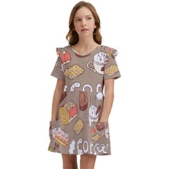 Vector-seamless-pattern-with-doodle-coffee-equipment Kids  Frilly Sleeves Pocket Dress by uniart180623