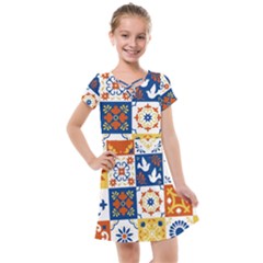 Mexican-talavera-pattern-ceramic-tiles-with-flower-leaves-bird-ornaments-traditional-majolica-style- Kids  Cross Web Dress by uniart180623