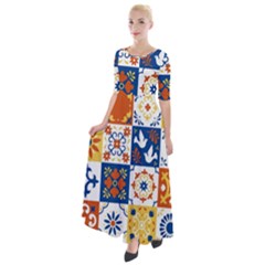 Mexican-talavera-pattern-ceramic-tiles-with-flower-leaves-bird-ornaments-traditional-majolica-style- Half Sleeves Maxi Dress by uniart180623