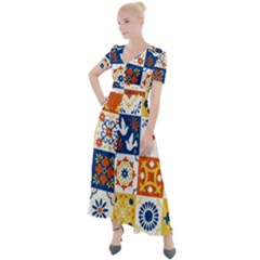 Mexican-talavera-pattern-ceramic-tiles-with-flower-leaves-bird-ornaments-traditional-majolica-style- Button Up Short Sleeve Maxi Dress by uniart180623