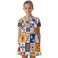 Mexican-talavera-pattern-ceramic-tiles-with-flower-leaves-bird-ornaments-traditional-majolica-style- Kids  Short Sleeve Pinafore Style Dress by uniart180623