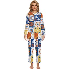 Mexican-talavera-pattern-ceramic-tiles-with-flower-leaves-bird-ornaments-traditional-majolica-style- Womens  Long Sleeve Lightweight Pajamas Set by uniart180623