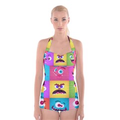 Monsters-emotions-scary-faces-masks-with-mouth-eyes-aliens-monsters-emoticon-set Boyleg Halter Swimsuit  by uniart180623