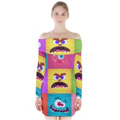 Monsters-emotions-scary-faces-masks-with-mouth-eyes-aliens-monsters-emoticon-set Long Sleeve Off Shoulder Dress by uniart180623