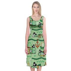 Seamless Pattern Fishes Pirates Cartoon Midi Sleeveless Dress by uniart180623