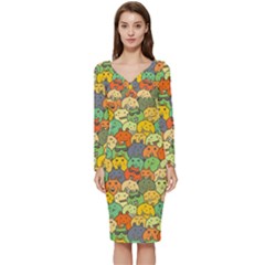 Seamless Pattern With Doodle Bunny Long Sleeve V-neck Bodycon Dress  by uniart180623