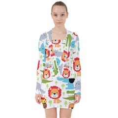 Seamless-pattern-vector-with-animals-cartoon V-neck Bodycon Long Sleeve Dress by uniart180623