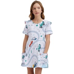 Cute-children-s-seamless-pattern-with-cars-road-park-houses-white-background-illustration-town Kids  Frilly Sleeves Pocket Dress by uniart180623