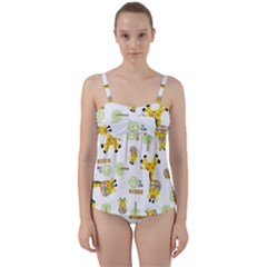 Vector-pattern-with-cute-giraffe-cartoon Twist Front Tankini Set by uniart180623