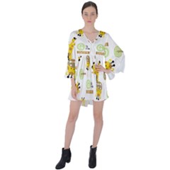 Vector-pattern-with-cute-giraffe-cartoon V-neck Flare Sleeve Mini Dress by uniart180623