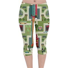 City-seamless-pattern Velvet Capri Leggings  by uniart180623