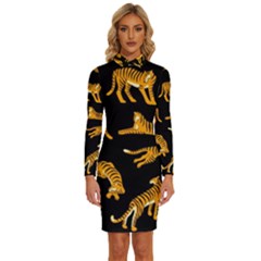 Seamless-exotic-pattern-with-tigers Long Sleeve Shirt Collar Bodycon Dress by uniart180623