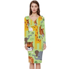 Seamless-pattern-vector-with-animals-wildlife-cartoon Long Sleeve V-neck Bodycon Dress  by uniart180623