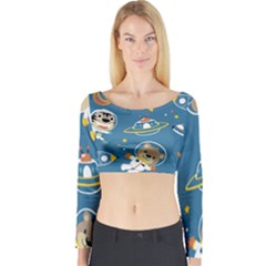 Seamless-pattern-funny-astronaut-outer-space-transportation Long Sleeve Crop Top by uniart180623