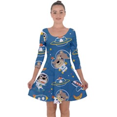 Seamless-pattern-funny-astronaut-outer-space-transportation Quarter Sleeve Skater Dress by uniart180623