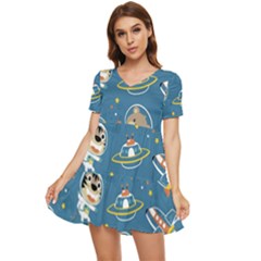 Seamless-pattern-funny-astronaut-outer-space-transportation Tiered Short Sleeve Babydoll Dress by uniart180623