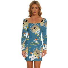 Seamless-pattern-funny-astronaut-outer-space-transportation Long Sleeve Square Neck Bodycon Velvet Dress by uniart180623