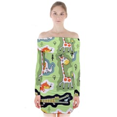 Seamless-pattern-with-wildlife-animals-cartoon Long Sleeve Off Shoulder Dress by uniart180623