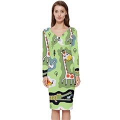 Seamless-pattern-with-wildlife-animals-cartoon Long Sleeve V-neck Bodycon Dress  by uniart180623