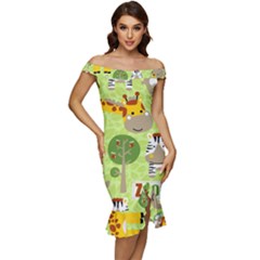 Funny-animals-cartoon Off Shoulder Ruffle Split Hem Bodycon Dress by uniart180623