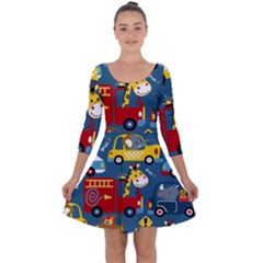 Seamless-pattern-vehicles-cartoon-with-funny-drivers Quarter Sleeve Skater Dress by uniart180623