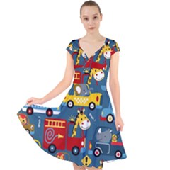 Seamless-pattern-vehicles-cartoon-with-funny-drivers Cap Sleeve Front Wrap Midi Dress by uniart180623