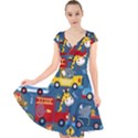 Seamless-pattern-vehicles-cartoon-with-funny-drivers Cap Sleeve Front Wrap Midi Dress View1