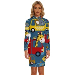 Seamless-pattern-vehicles-cartoon-with-funny-drivers Long Sleeve Shirt Collar Bodycon Dress by uniart180623