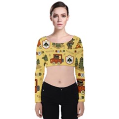 Seamless-pattern-funny-ranger-cartoon Velvet Long Sleeve Crop Top by uniart180623