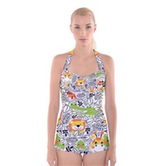 Seamless-pattern-with-wildlife-cartoon Boyleg Halter Swimsuit  by uniart180623