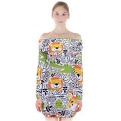 Seamless-pattern-with-wildlife-cartoon Long Sleeve Off Shoulder Dress by uniart180623