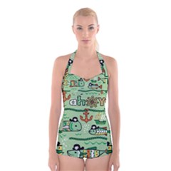 Seamless-pattern-fishes-pirates-cartoon Boyleg Halter Swimsuit  by uniart180623