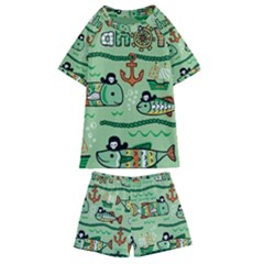 Seamless-pattern-fishes-pirates-cartoon Kids  Swim Tee And Shorts Set by uniart180623