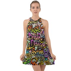 Graffiti-word-seamless-pattern Halter Tie Back Chiffon Dress by uniart180623