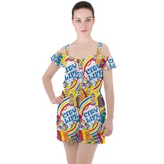 Colorful-city-life-horizontal-seamless-pattern-urban-city Ruffle Cut Out Chiffon Playsuit by uniart180623