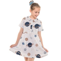 Space Planets Art Pattern Design Wallpaper Kids  Short Sleeve Shirt Dress by uniart180623